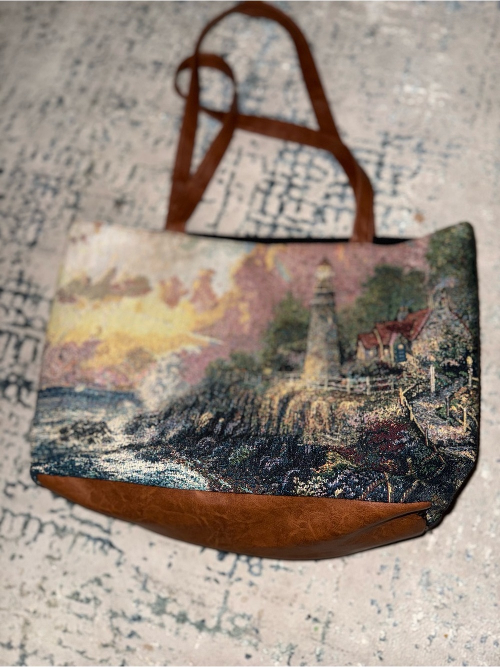 Scenic Lighthouse Tapestry Tote Bag with Brown Faux Leather Trim